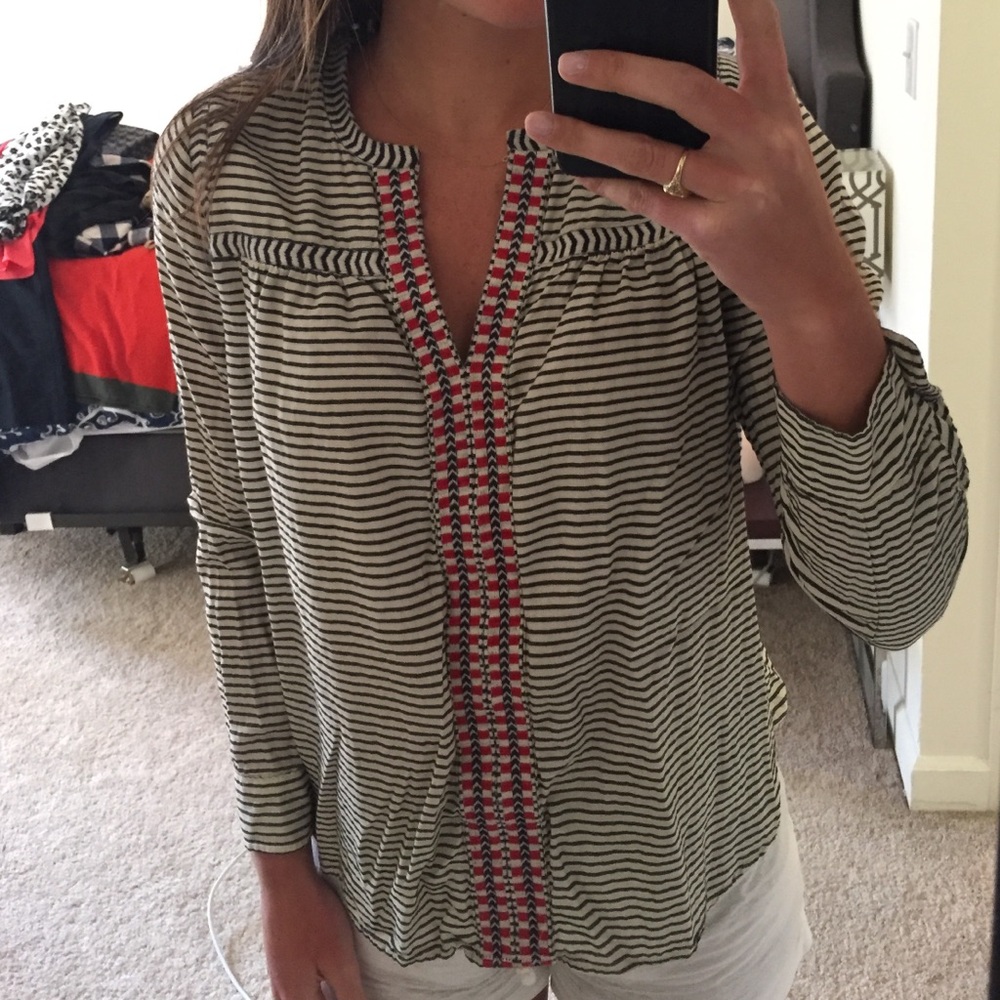 J. Crew Black and White Striped Blouse with Red Accents
